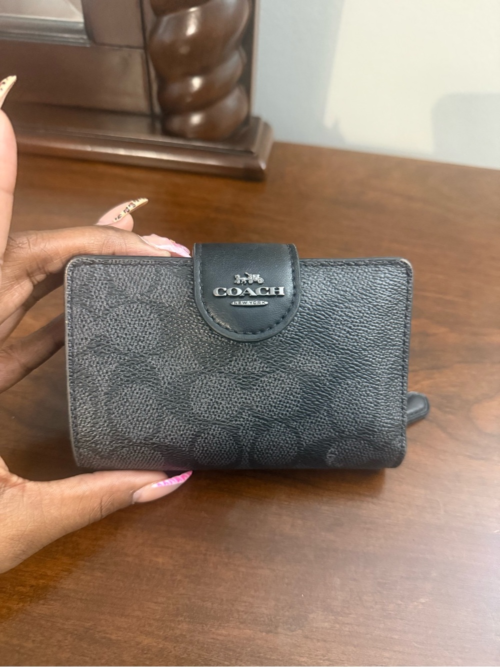 Coach Black Signature Compact Wallet - Black Coach Logo Trim